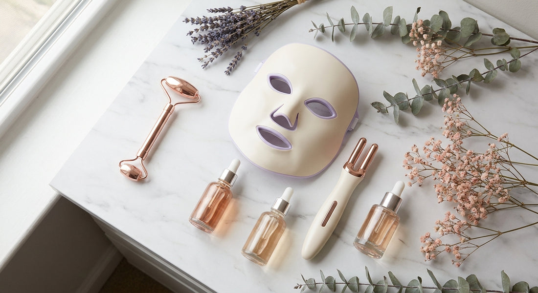 A luxurious flat lay of modern anti-aging beauty devices including a facial roller, LED mask, and microcurrent wand arranged on white marble with botanical accents and skincare serums.