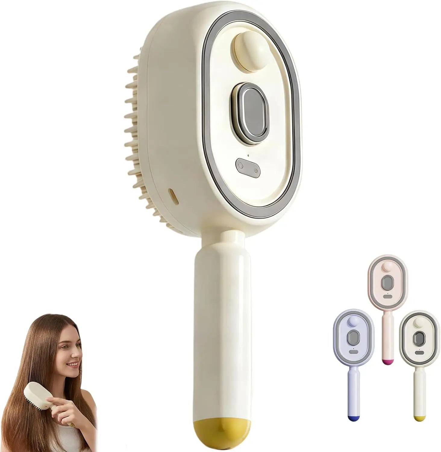 Electric Scalp Massager & Spray Hair Brush - Pastel color selection with lifestyle inset