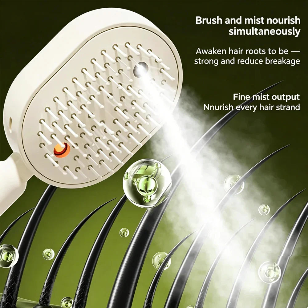 Electric Spray Hair Brush - Misting effect and scalp nourishment demonstration on dark green background