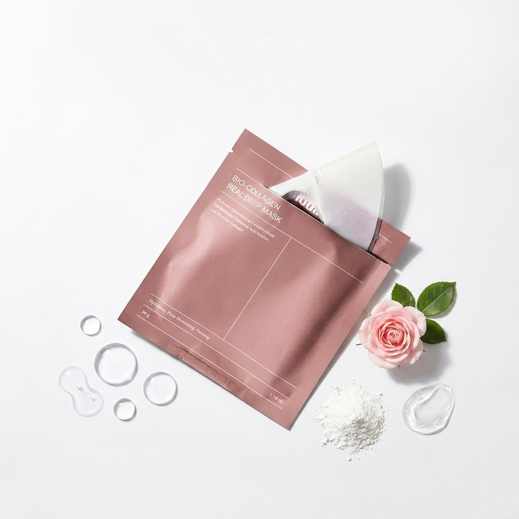 Eelhoe Bio-Collagen Mask Lifestyle Scene with Water Droplets and Pink Rose