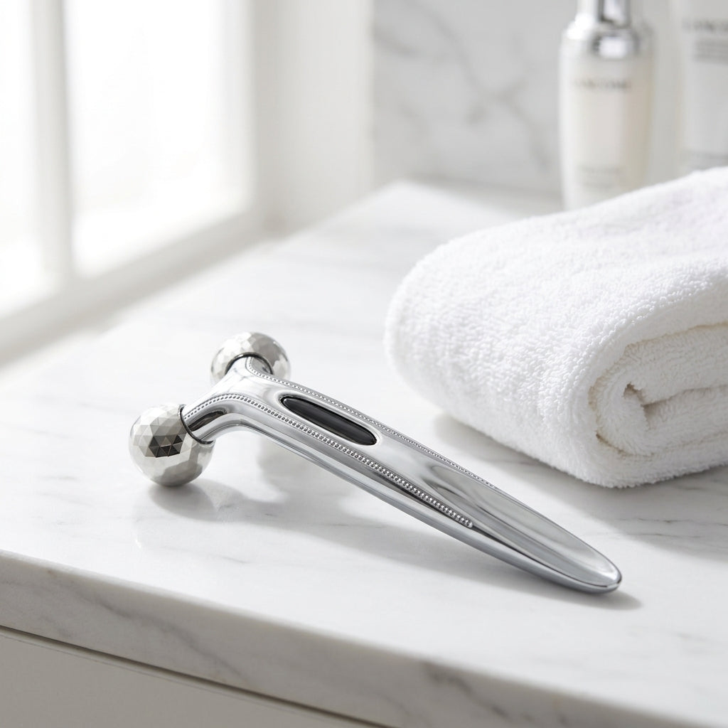 Premium silver 3D facial massager on a minimalist marble vanity next to a soft rolled cotton towel