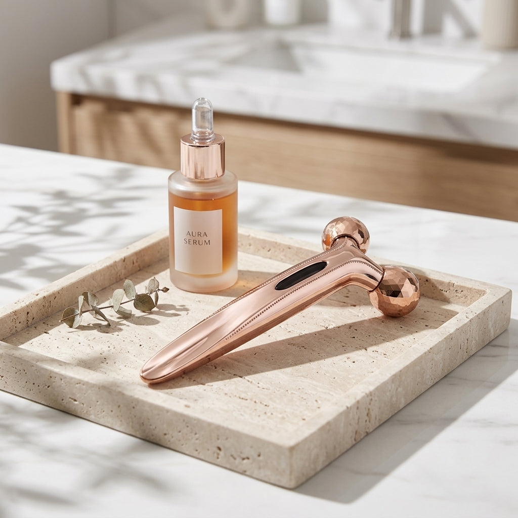 Rose-gold 3D facial massager resting on a modern light-colored stone tray beside a skincare serum bottle